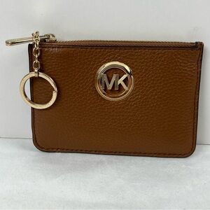Michael Kors Brown Key/Card Wallet with Zipper, ID Window, a Gold tone Keychain
